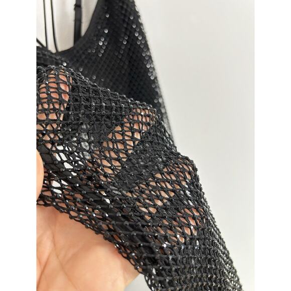 Dressy Mesh Midi Dress Goth Emo Size M/L Fishnet Women's Black Beaded Sequin Bra - Picture 3 of 7